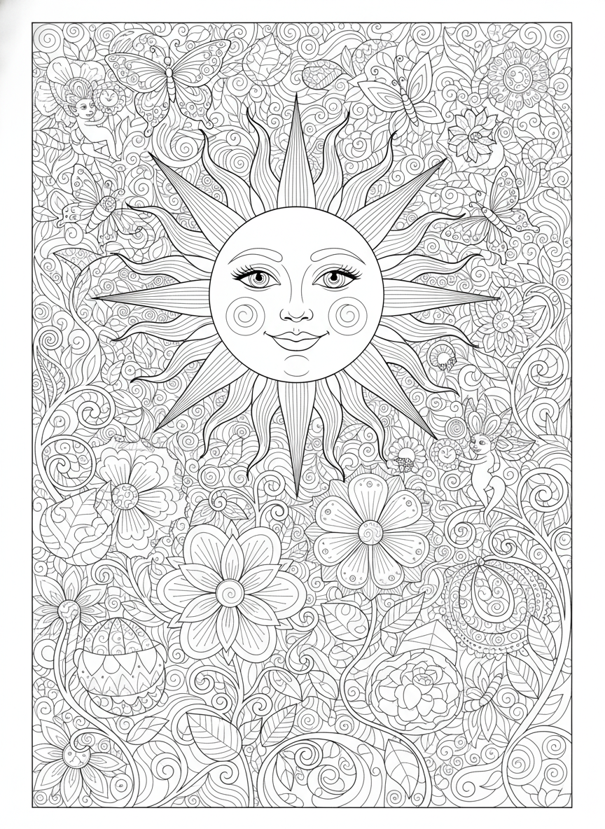 Whimsical Sun Garden: Intricate Fantasy Coloring Page for Kids