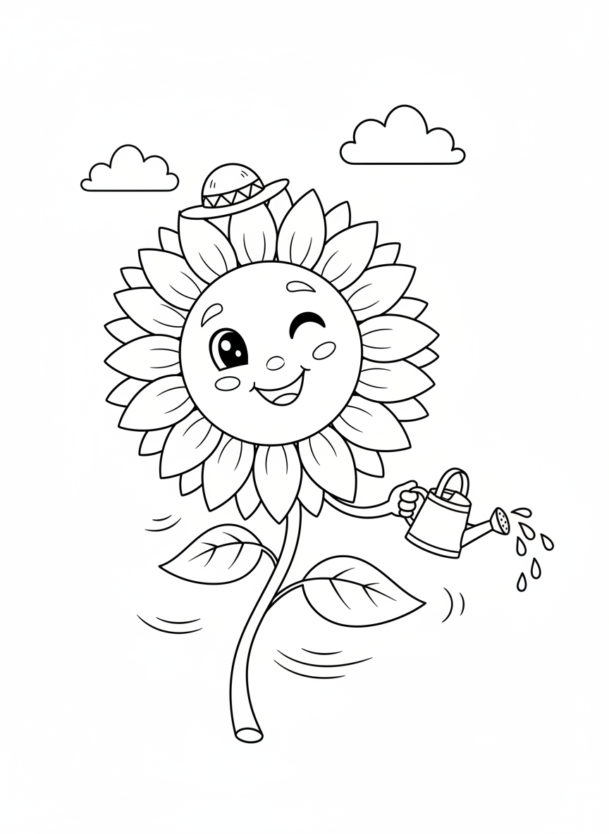 Whimsical Winking Sunflower Coloring Page
