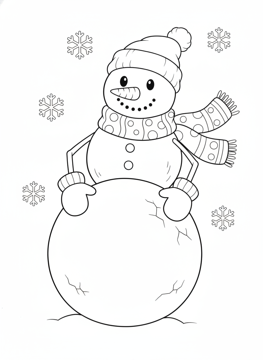 Happy Snowman Making Snowballs Coloring Page