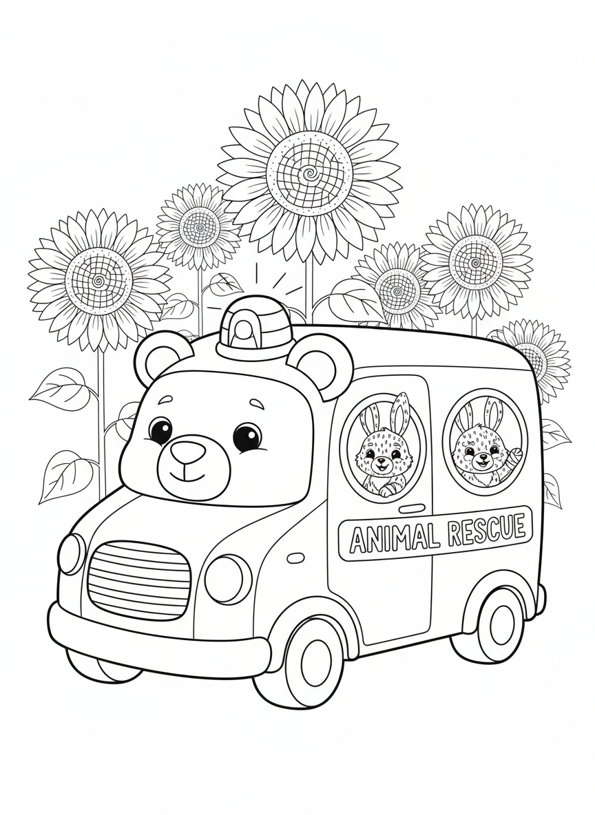 Bear Ambulance & Bunny Patients Coloring Page