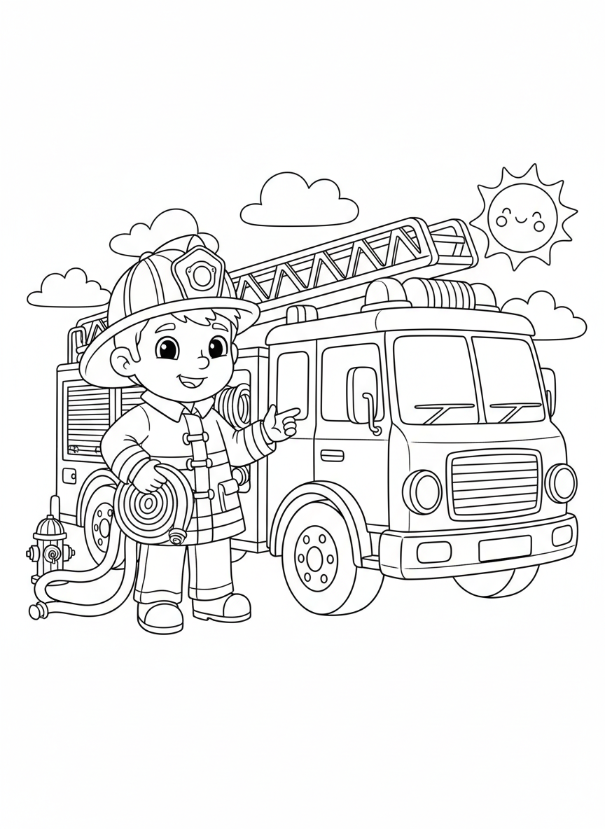Brave Firefighter & Friendly Truck Coloring Page