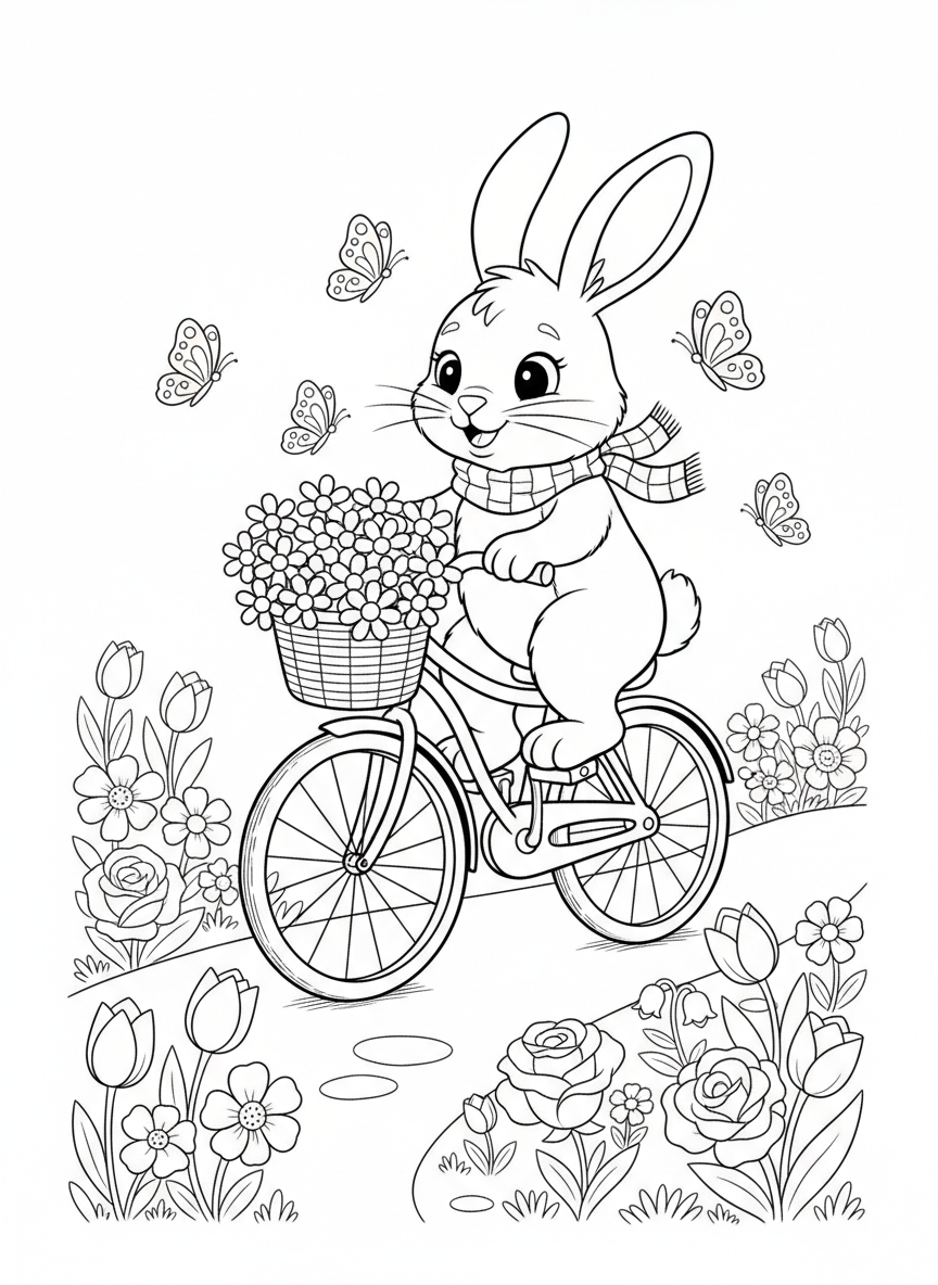 Charming Rabbit on Whimsical Bicycle Coloring Page