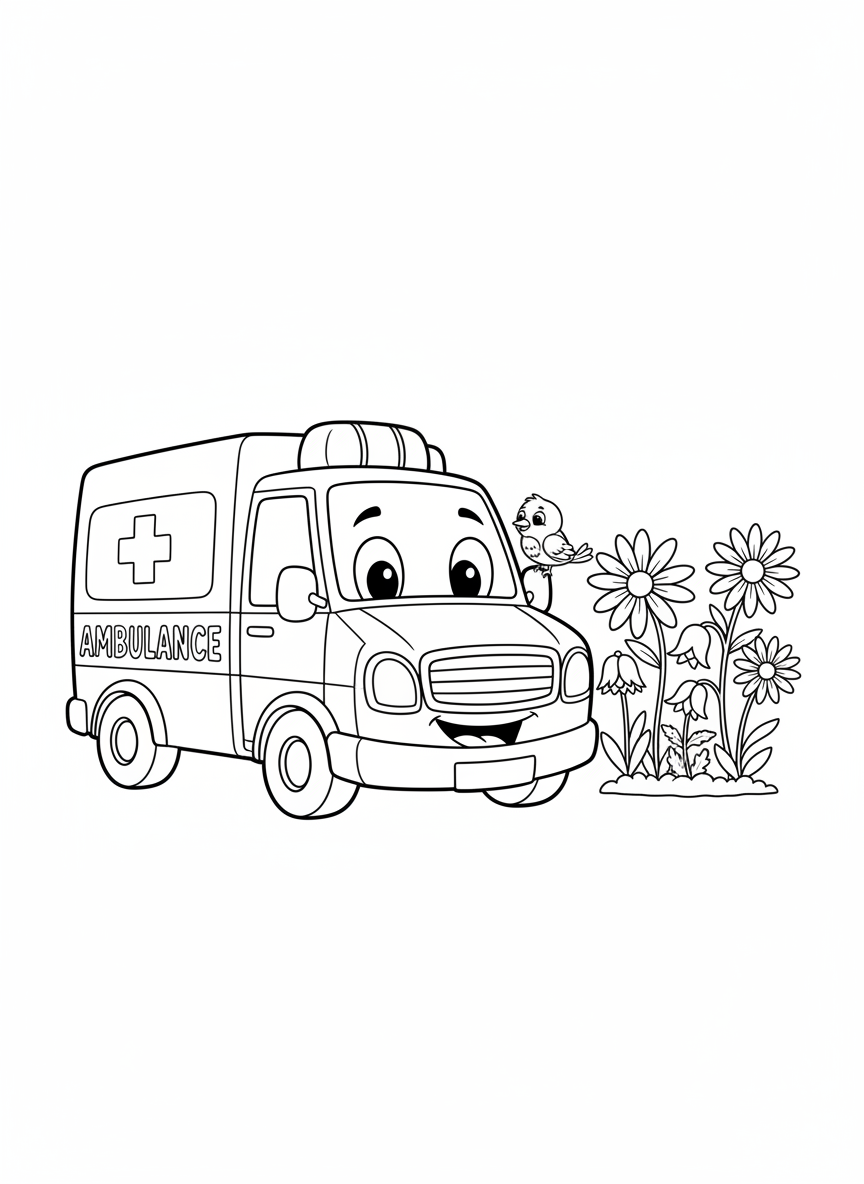 Cheerful Ambulance & Flower Garden Coloring Page