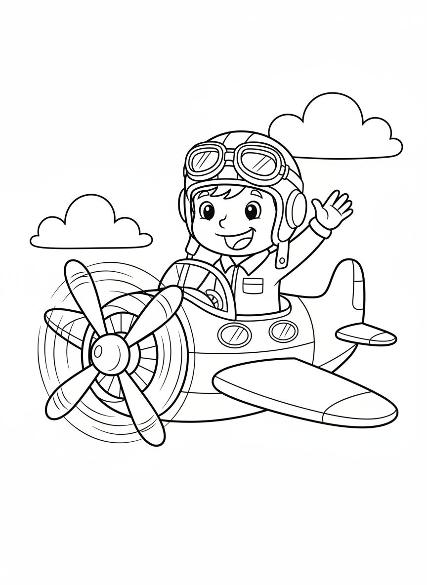 Cheerful Cartoon Pilot & Propeller Plane Coloring Page for Kids