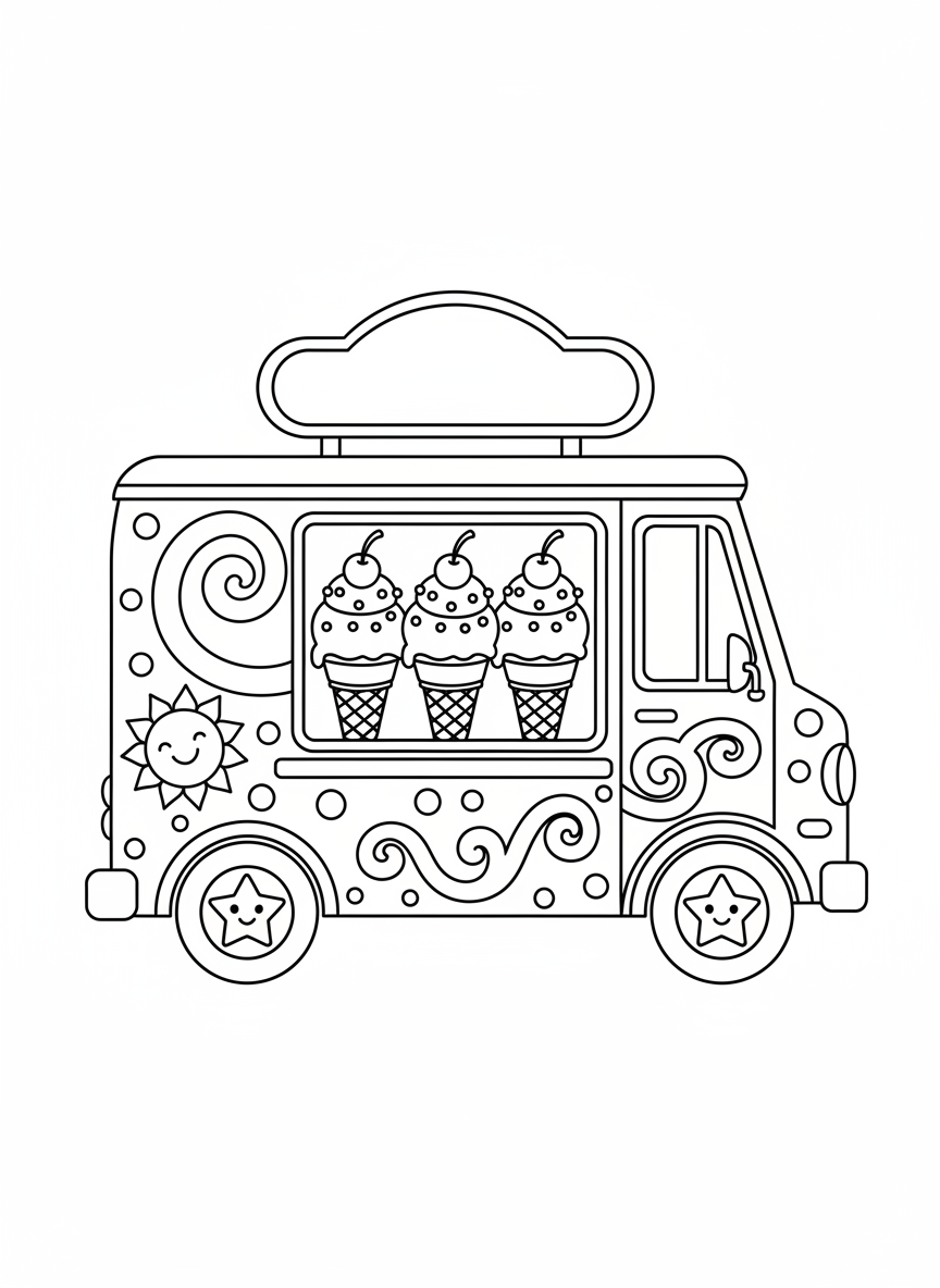 快樂冰淇淋車：兒童著色頁