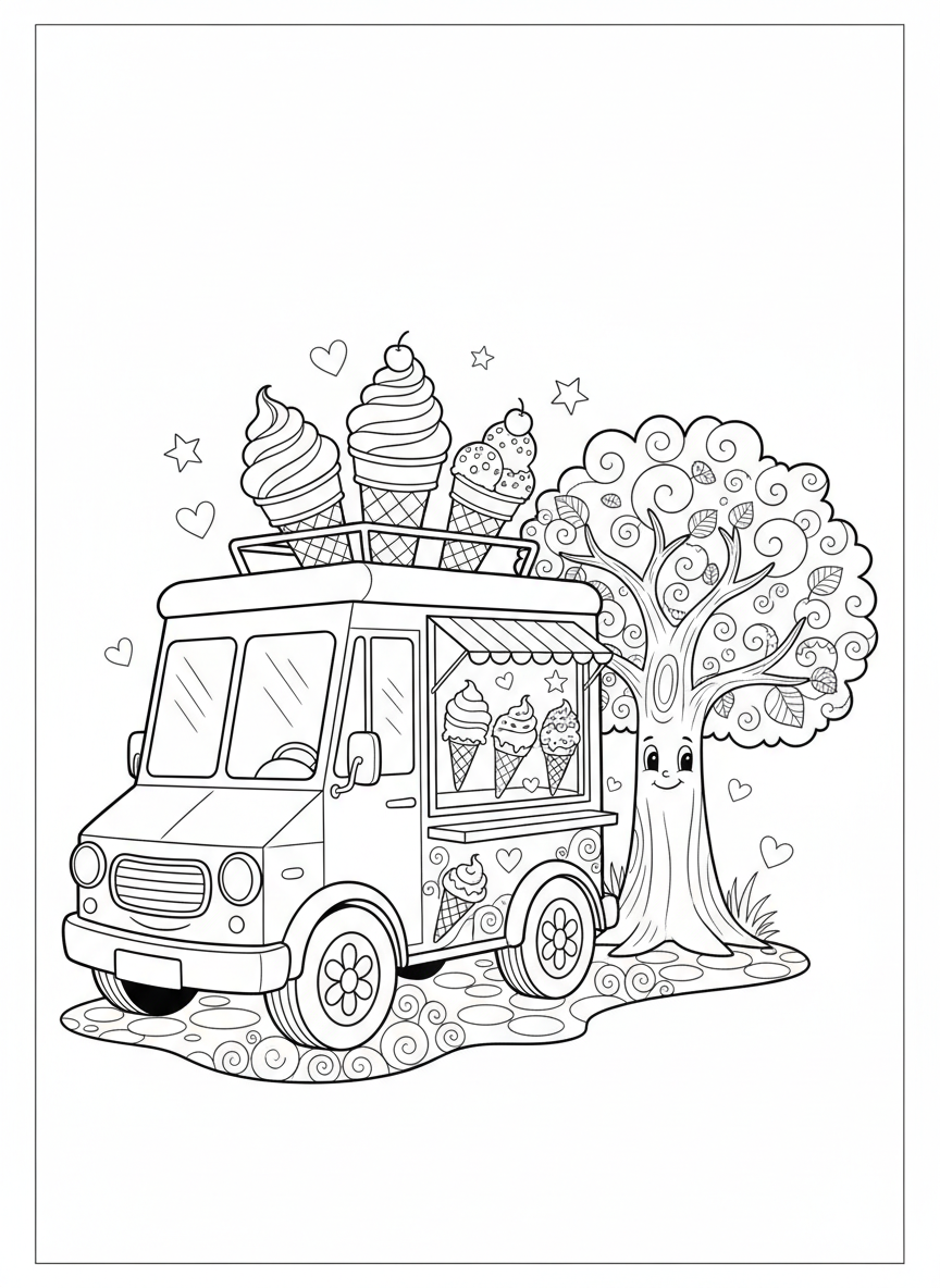 Cheerful Ice Cream Truck Fun Coloring Page for Kids