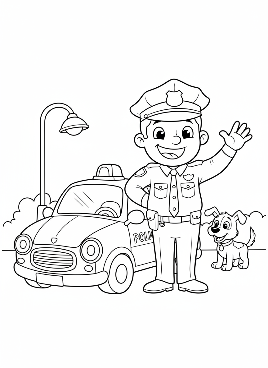 歡樂警察與可愛警車著色頁