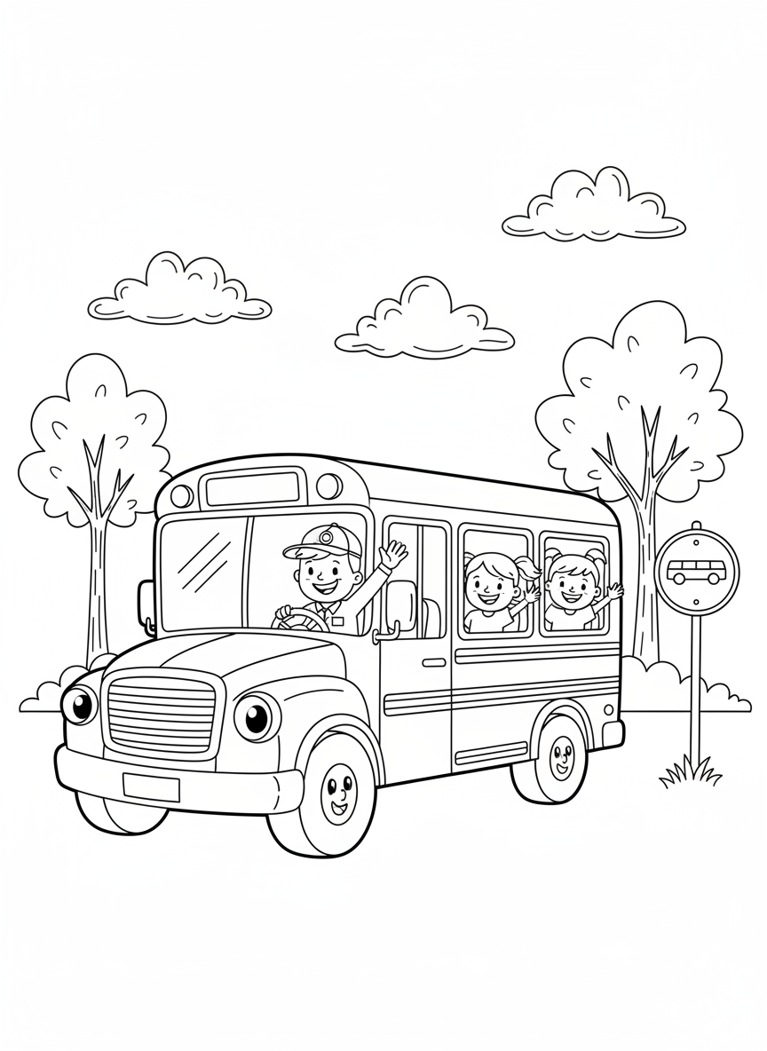 Cheerful School Bus Adventure Coloring Page