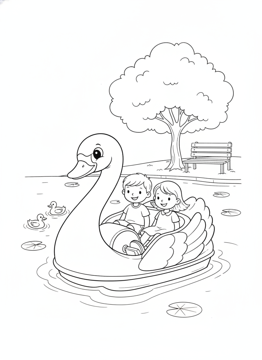 Cheerful Swan Boat Ride Coloring Page for Kids