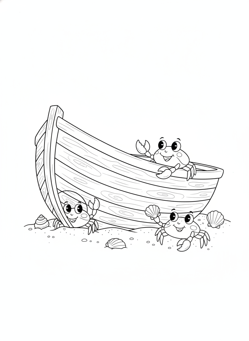 Crabs & Rowboat Beach Fun: A Kids' Coloring Page