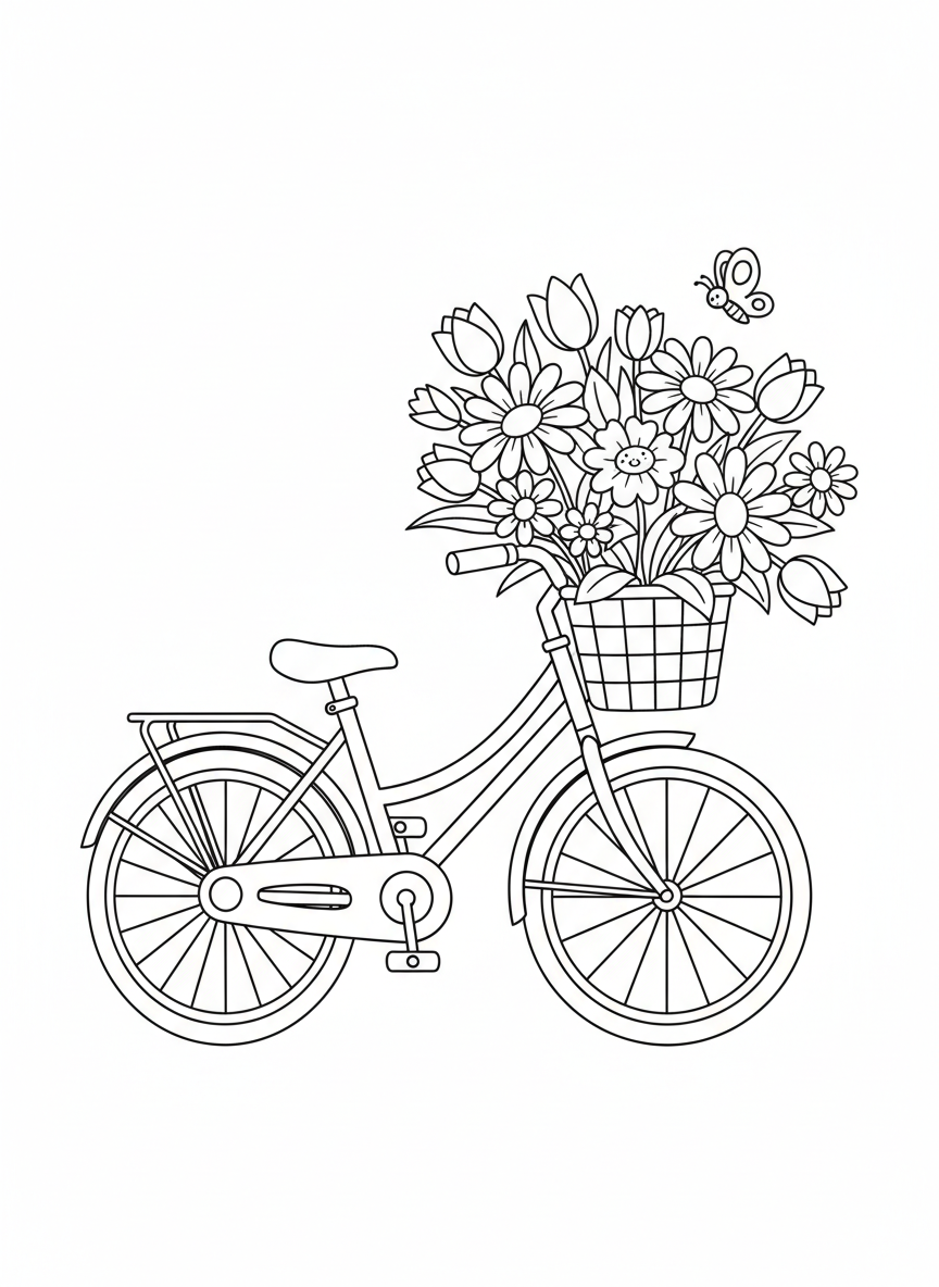 Cute Bicycle with Flowers Coloring Page for Kids