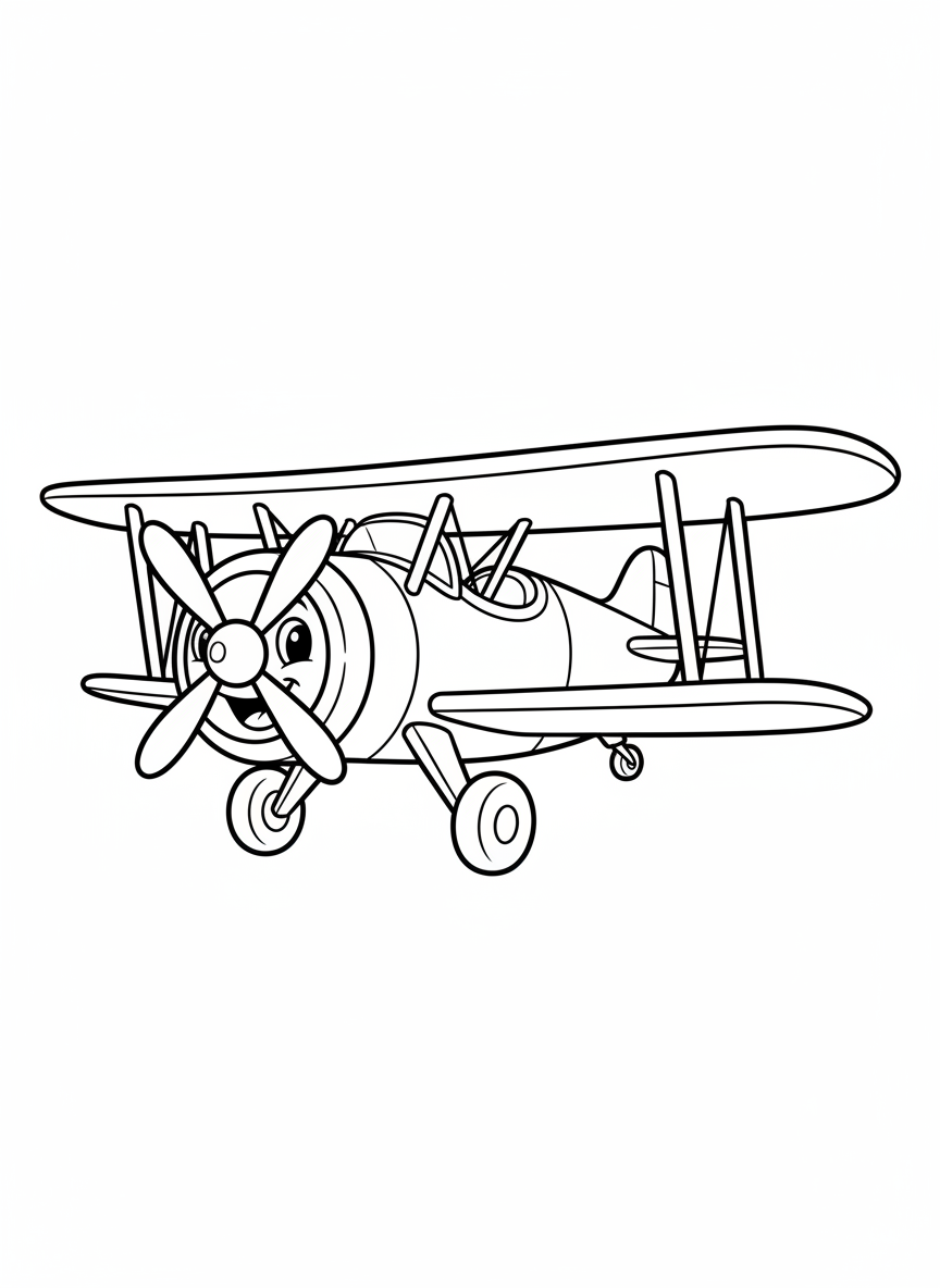 Cute Cartoon Biplane Coloring Page for Kids