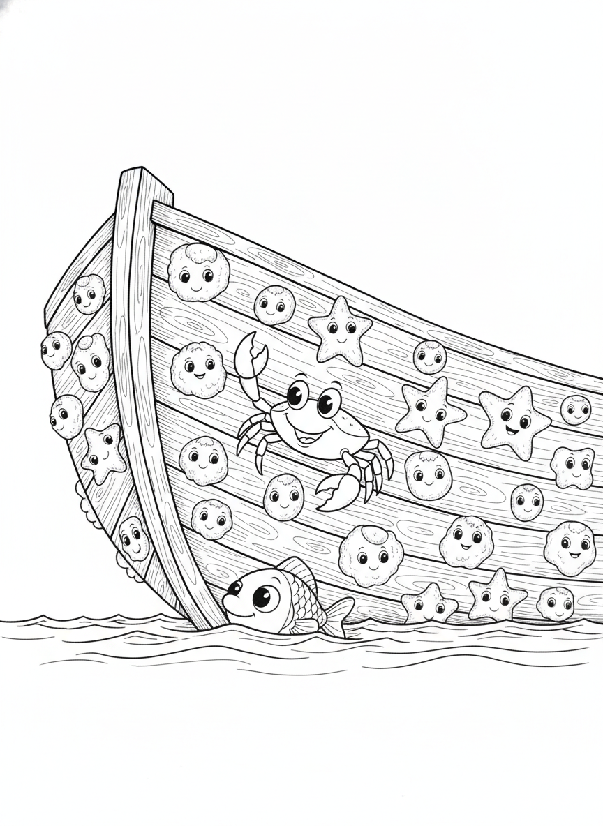 Cute Cartoon Boat Hull Coloring with Friendly Barnacles, Crab, and Fish