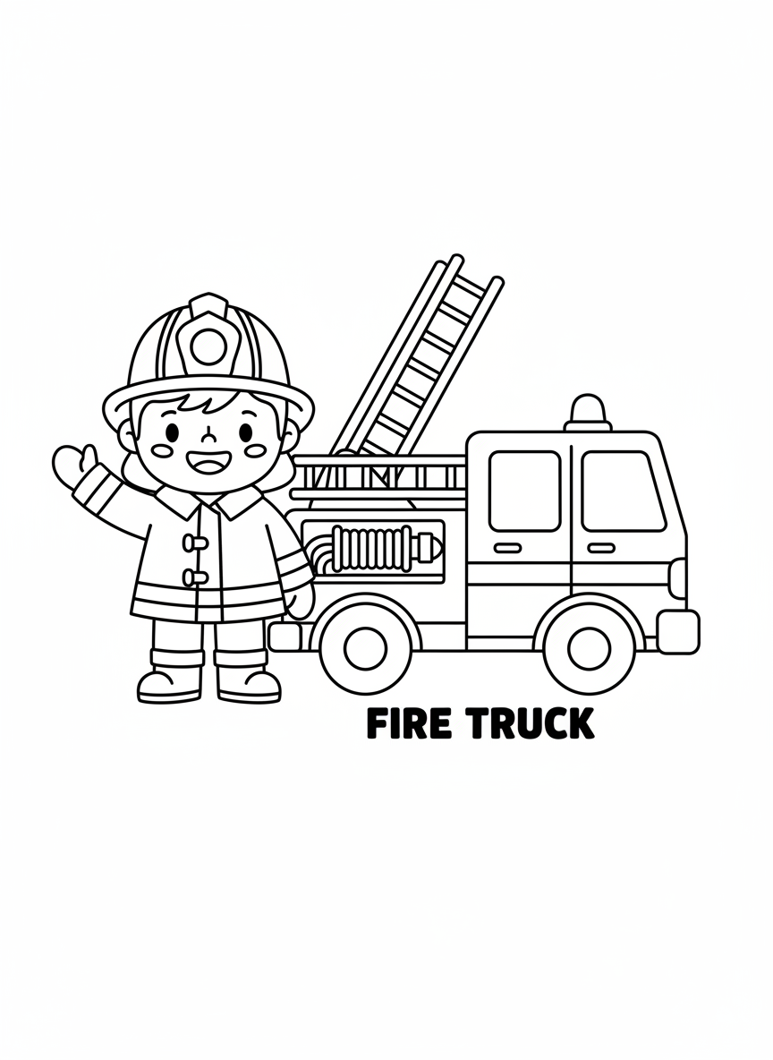 Cute Cartoon Firefighter and Fire Truck Coloring Page