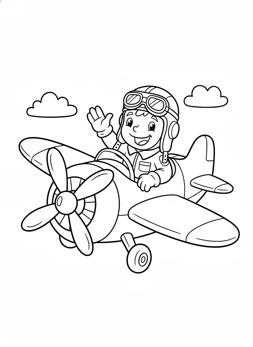 Cute Cartoon Pilot in Airplane Coloring Page