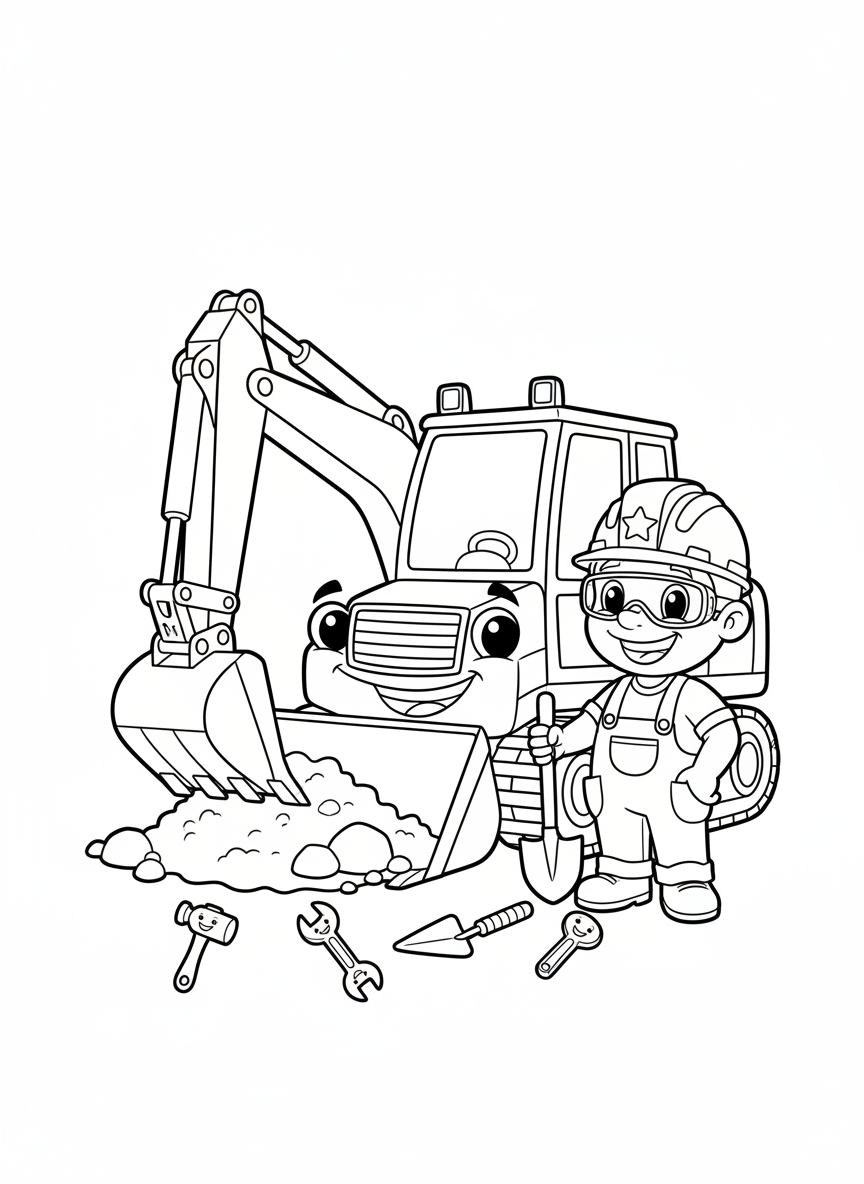 Cute Excavator & Worker Coloring Page for Kids