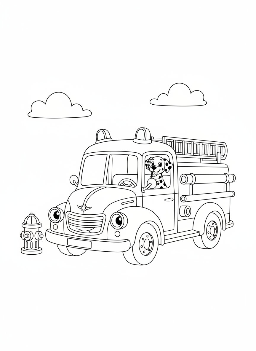 Cute Fire Truck & Dalmatian Coloring Page