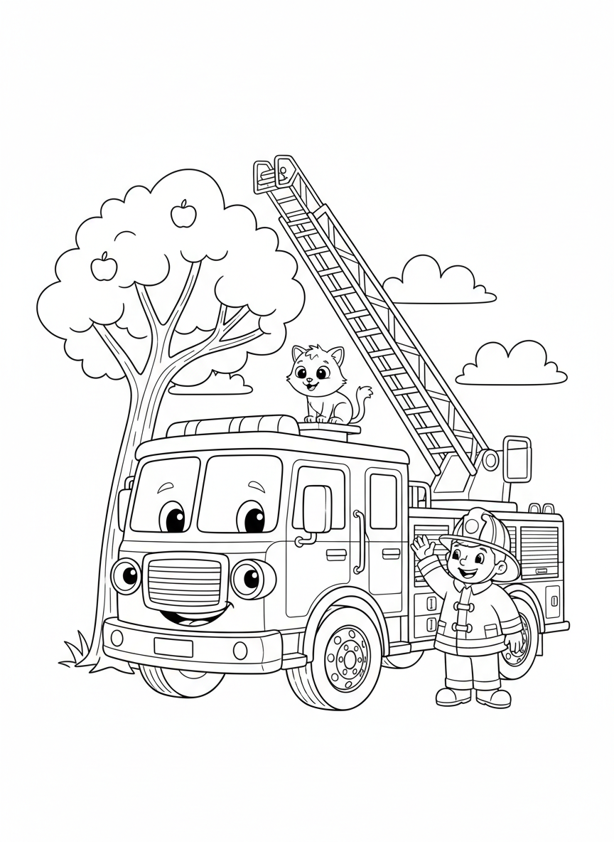 Cute Fire Truck Rescues Cat Coloring Page