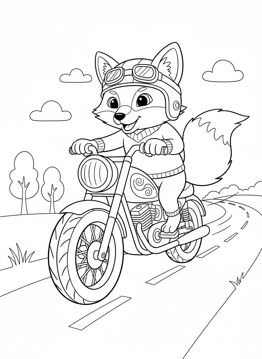 Cute Fox on an Adventure Motorcycle Coloring Page for Kids