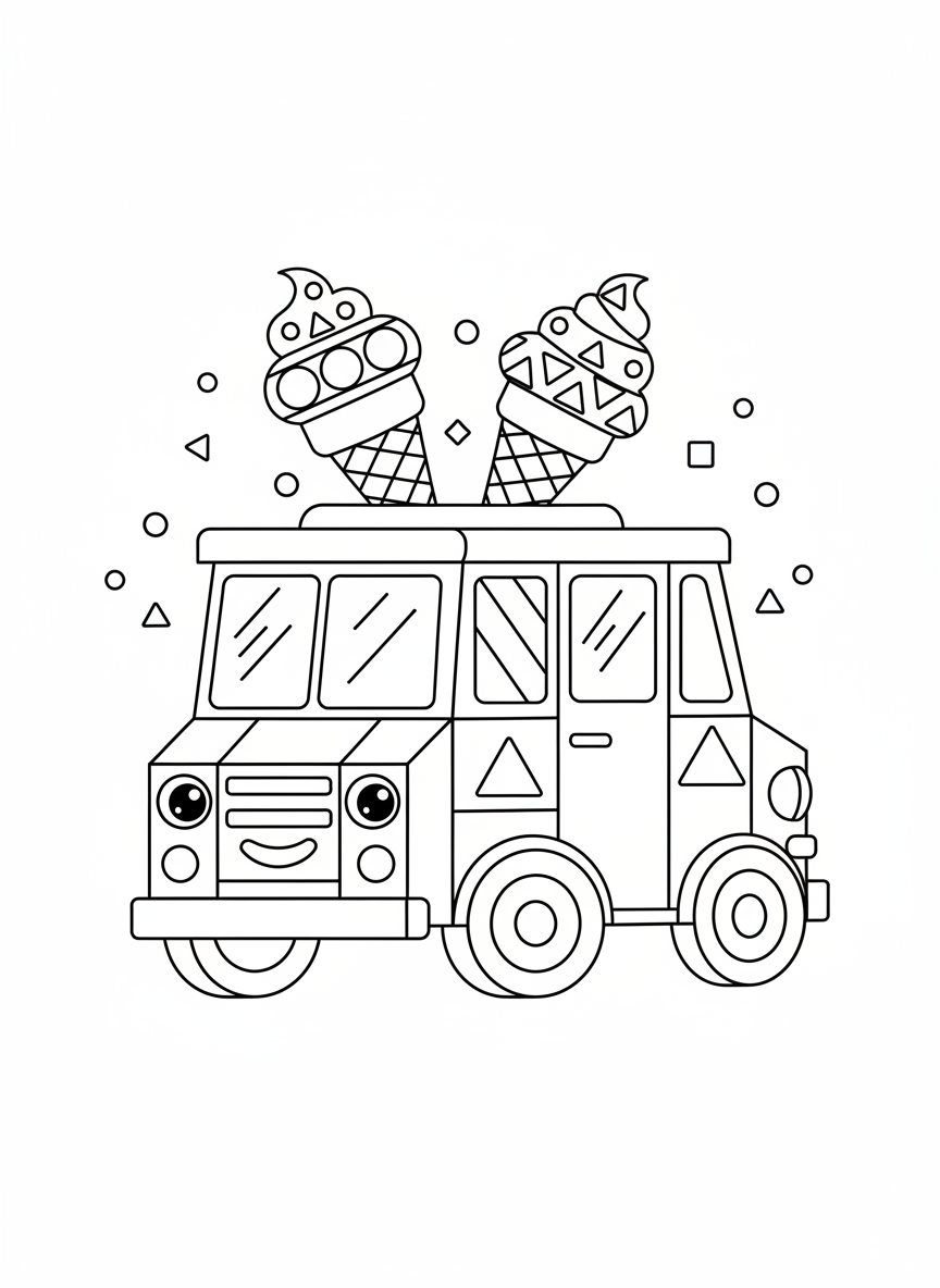 Cute Geometric Ice Cream Truck Coloring Page for Kids