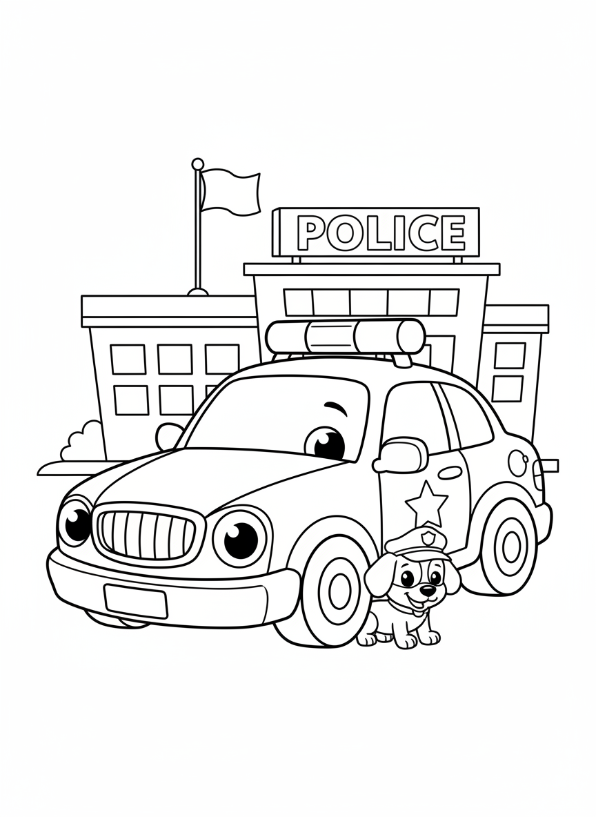 Cute Police Car & Dog Coloring Page
