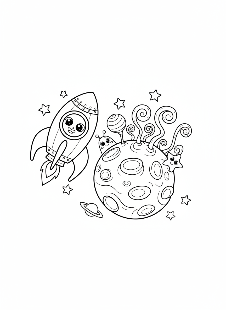 Cute Rocket Exploring Alien Planet Coloring Page