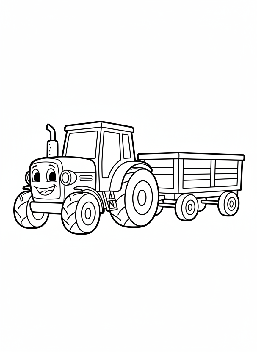 Cute Tractor with Wagon Coloring Page