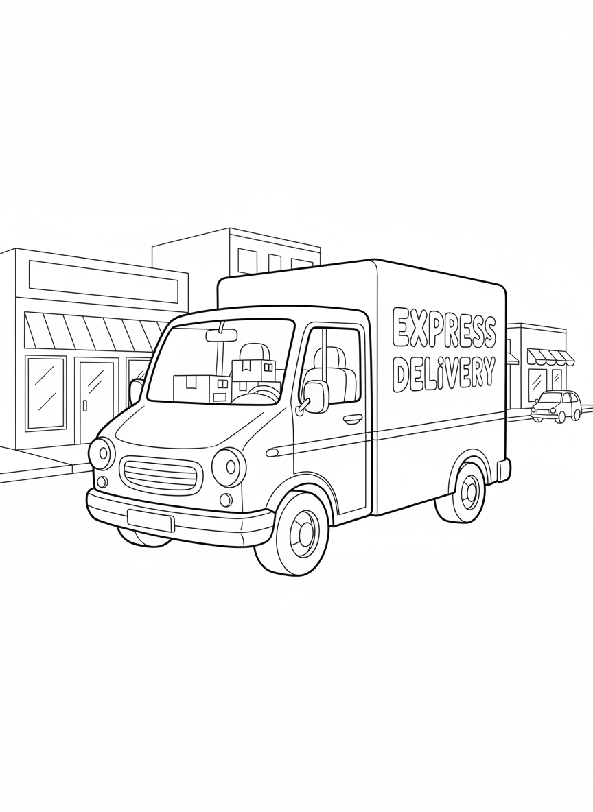 Delivery Van in Busy City Coloring Page