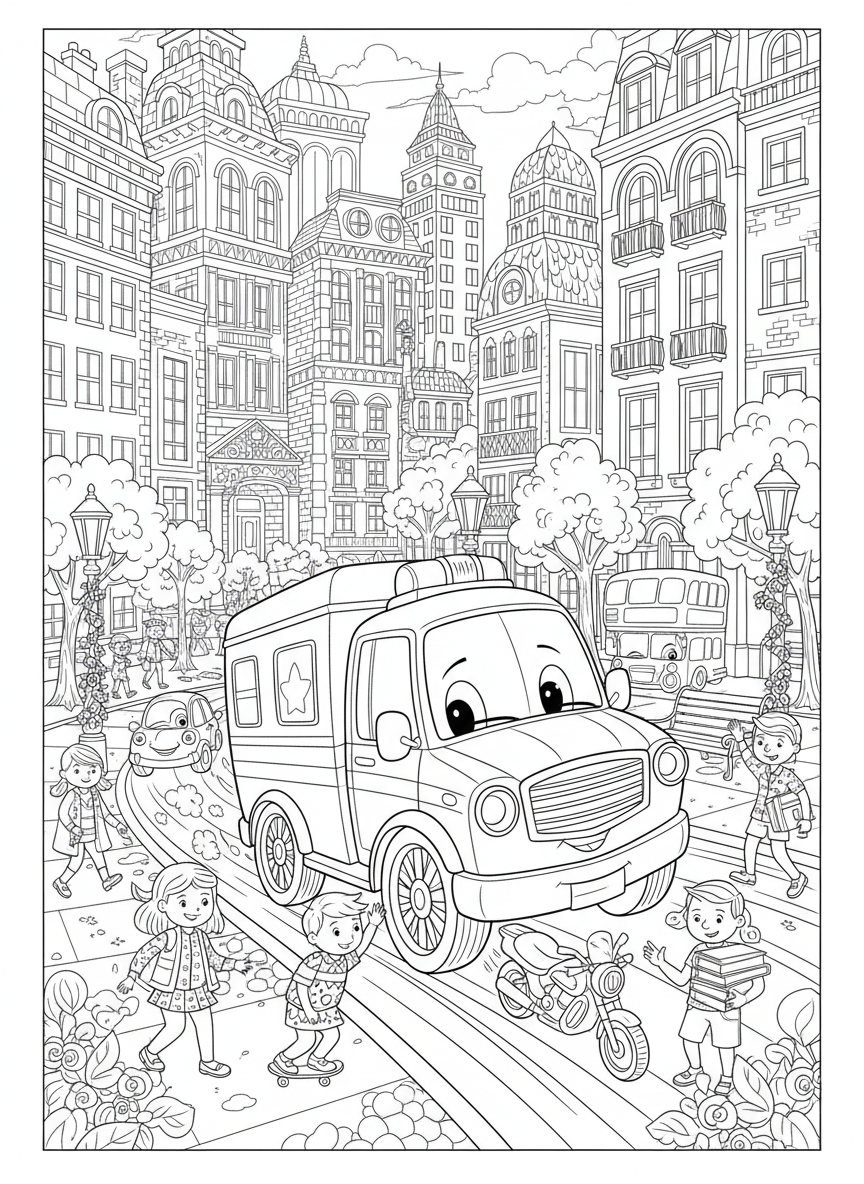 Exciting Ambulance Rescue in Bustling City - Detailed Coloring Page for Kids