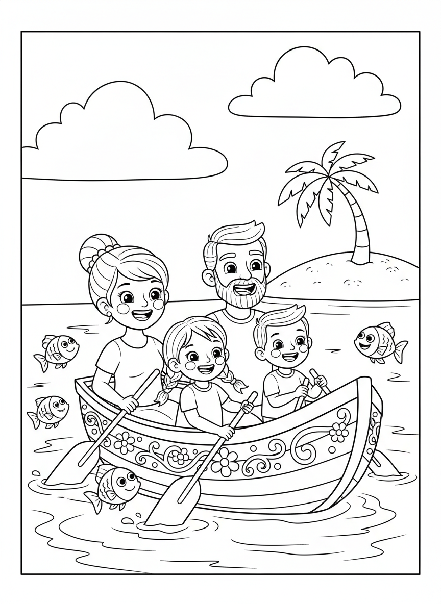 Family Rowboat Adventure Coloring Page
