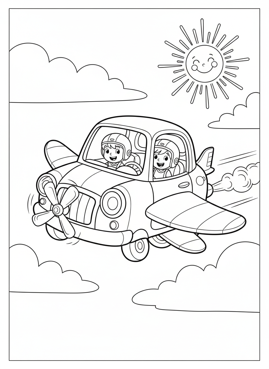 Fantasy Flying Car Adventure Coloring Page