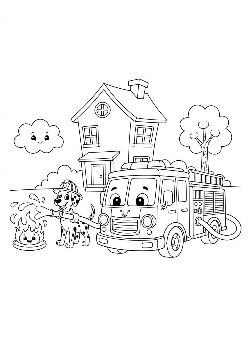 Fire Truck Hero & Fire Dog Coloring Page