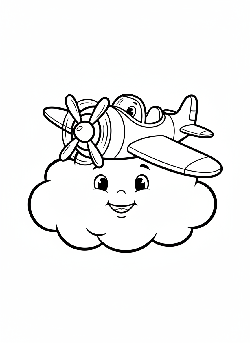 Friendly Airplane Flying Through Smiling Cloud Coloring Page