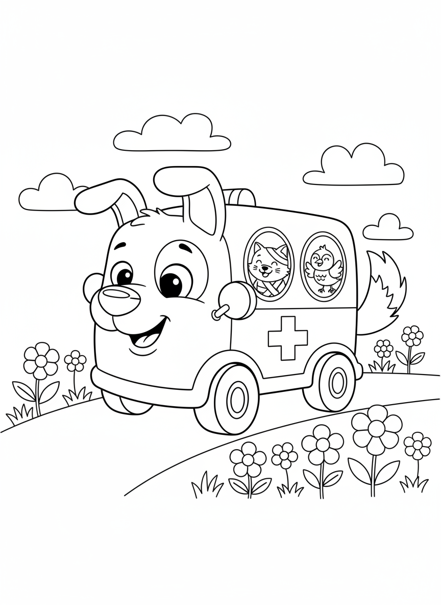 Friendly Animal Ambulance Coloring Page for Kids
