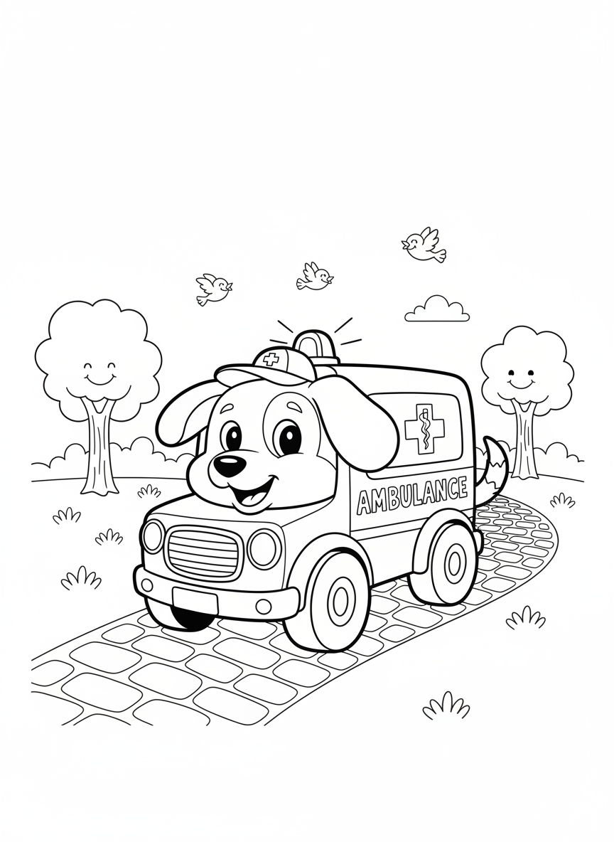 Friendly Animal Ambulance Coloring Page