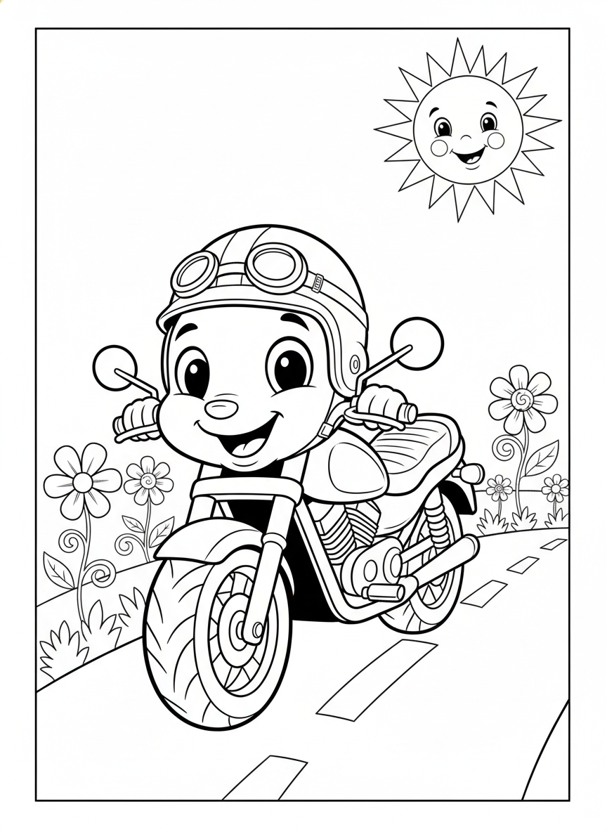 可愛卡通摩托車冒險兒童著色頁