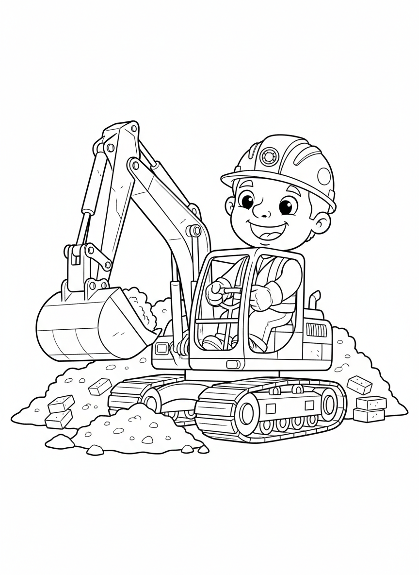 友善的建築工人與挖土機著色頁