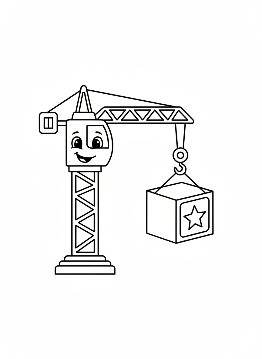 Friendly Crane Lifting Block Coloring Page