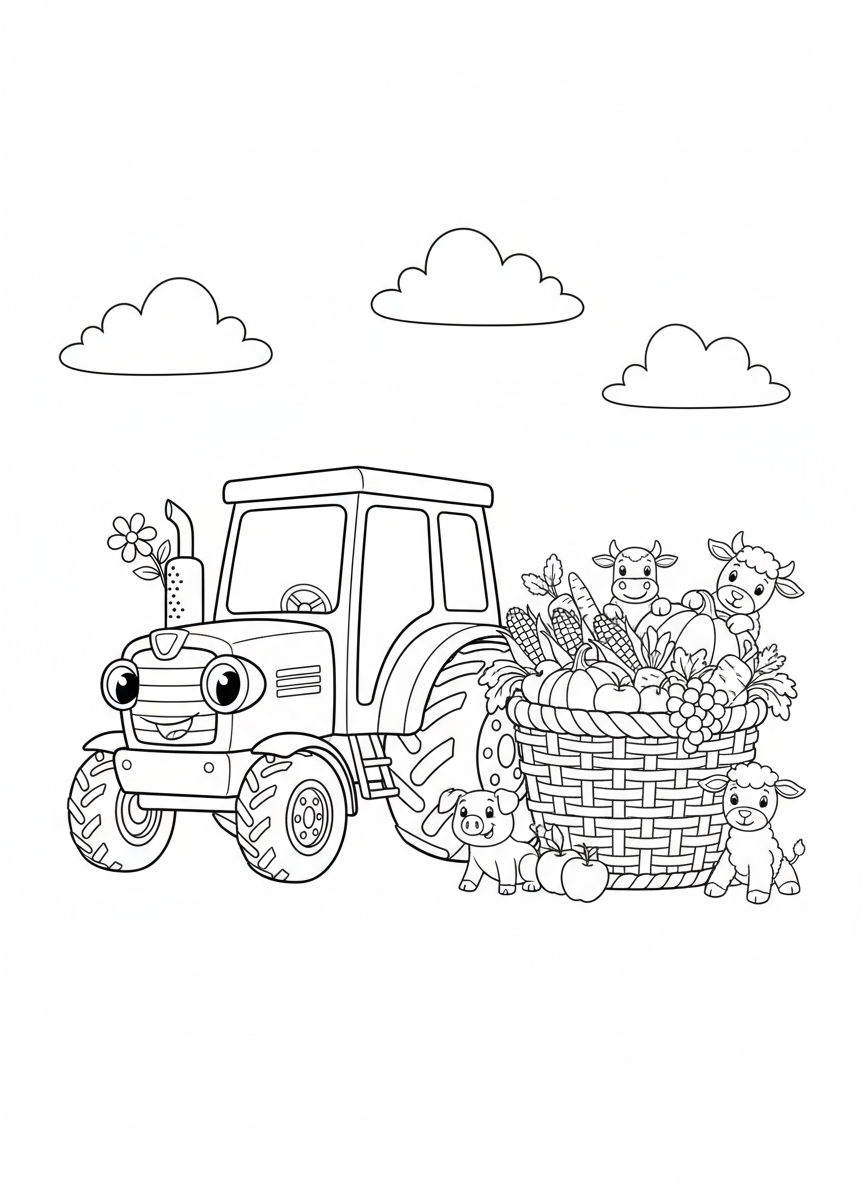 Friendly Farm Tractor & Harvest Fun Coloring Page