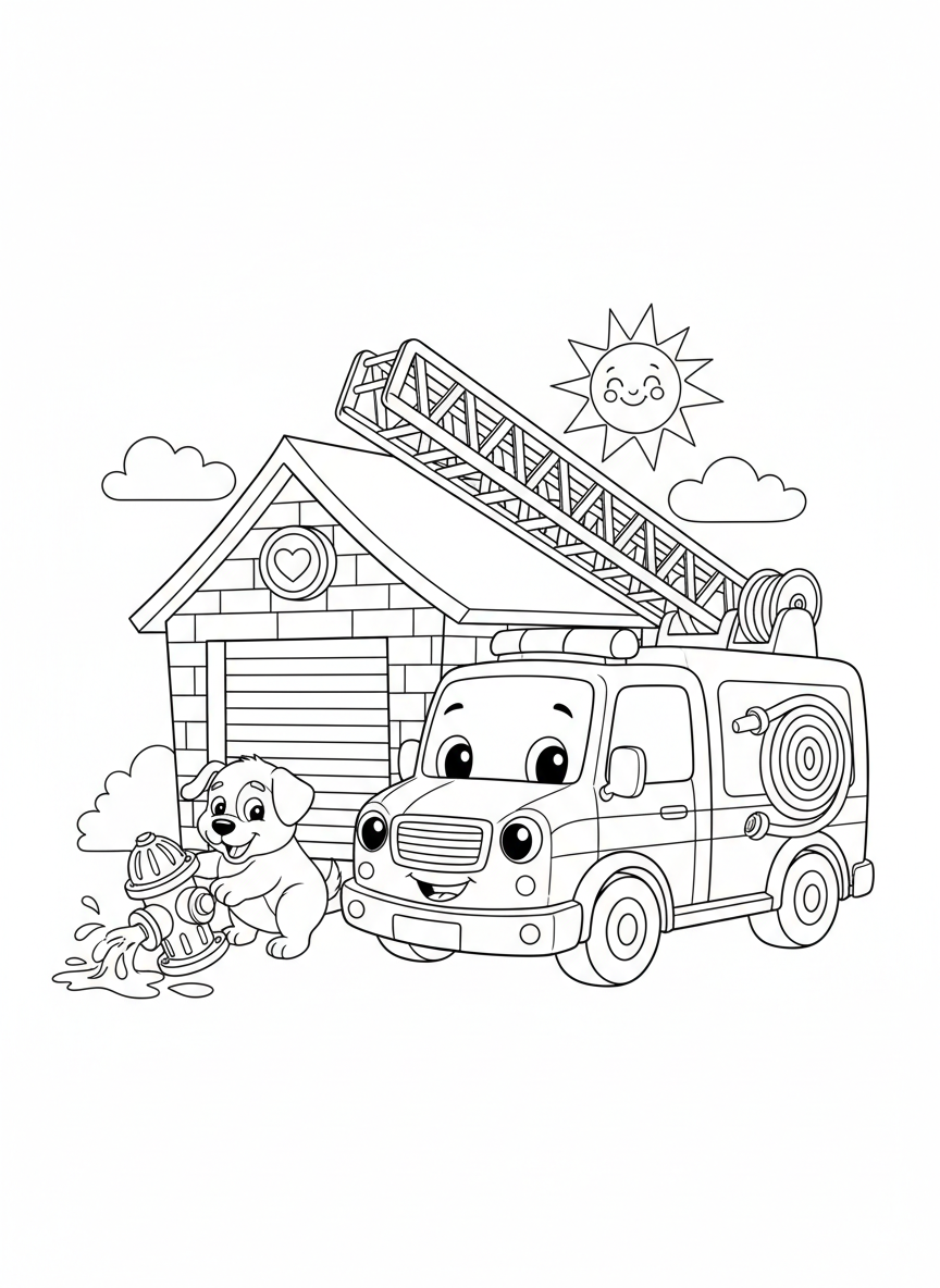 Friendly Fire Ambulance & Puppy Coloring Page