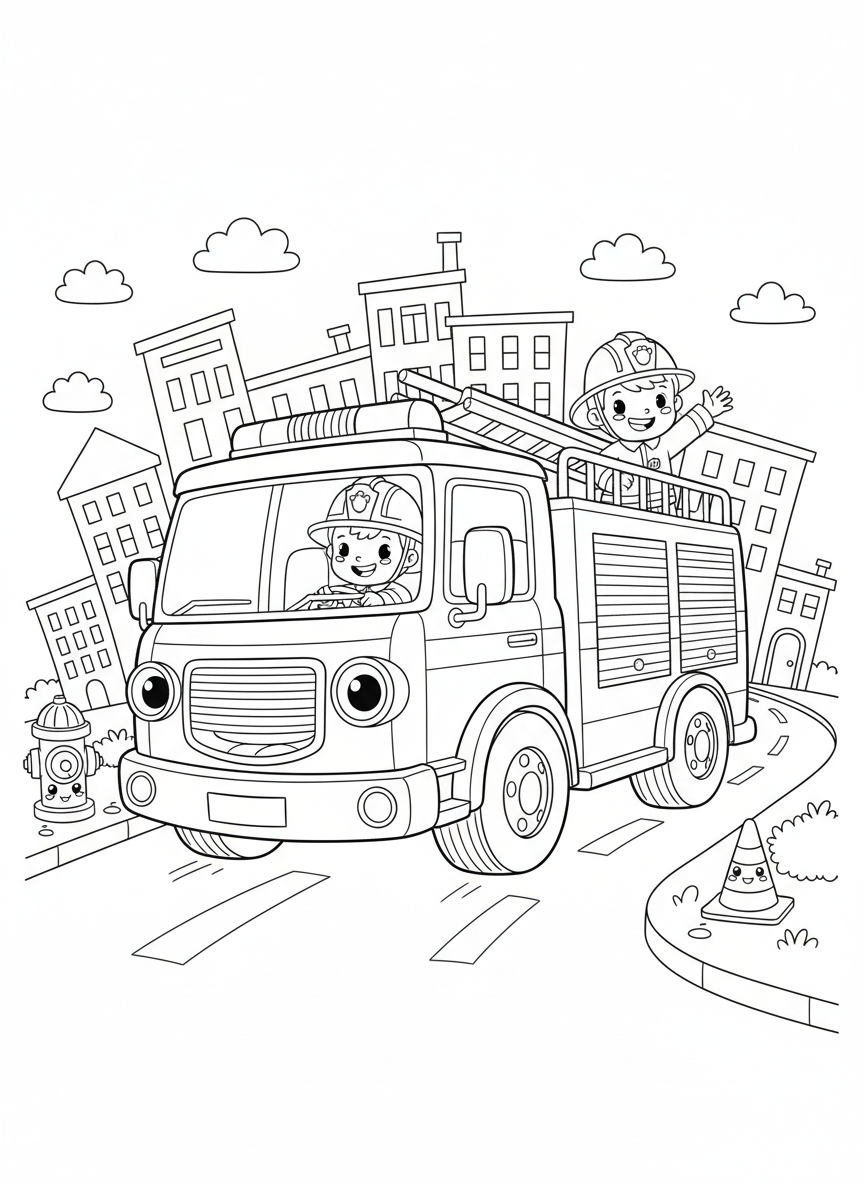 Friendly Fire Truck Adventure Coloring Page