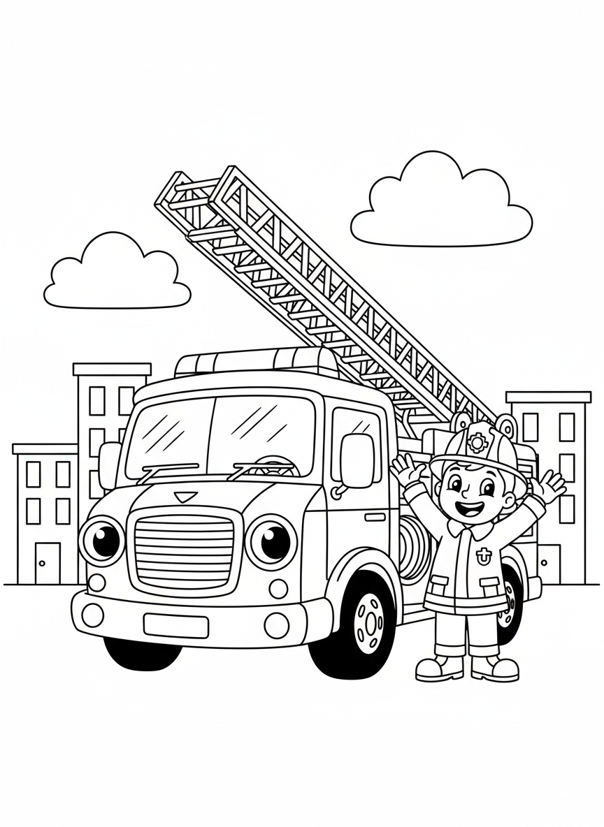 Friendly Firefighter & Cute Fire Truck Coloring Page