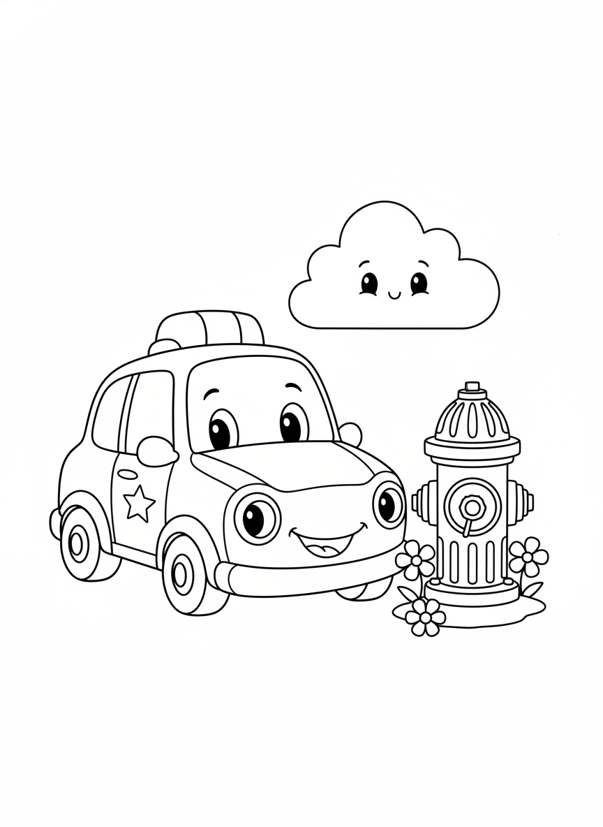 Friendly Police Car & Fire Hydrant Coloring Page for Kids