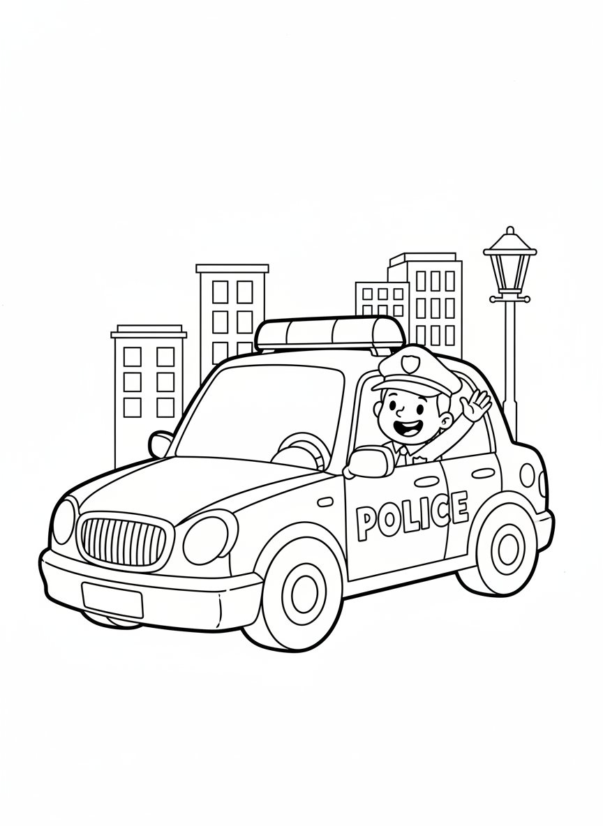 友善警車與警員兒童著色頁