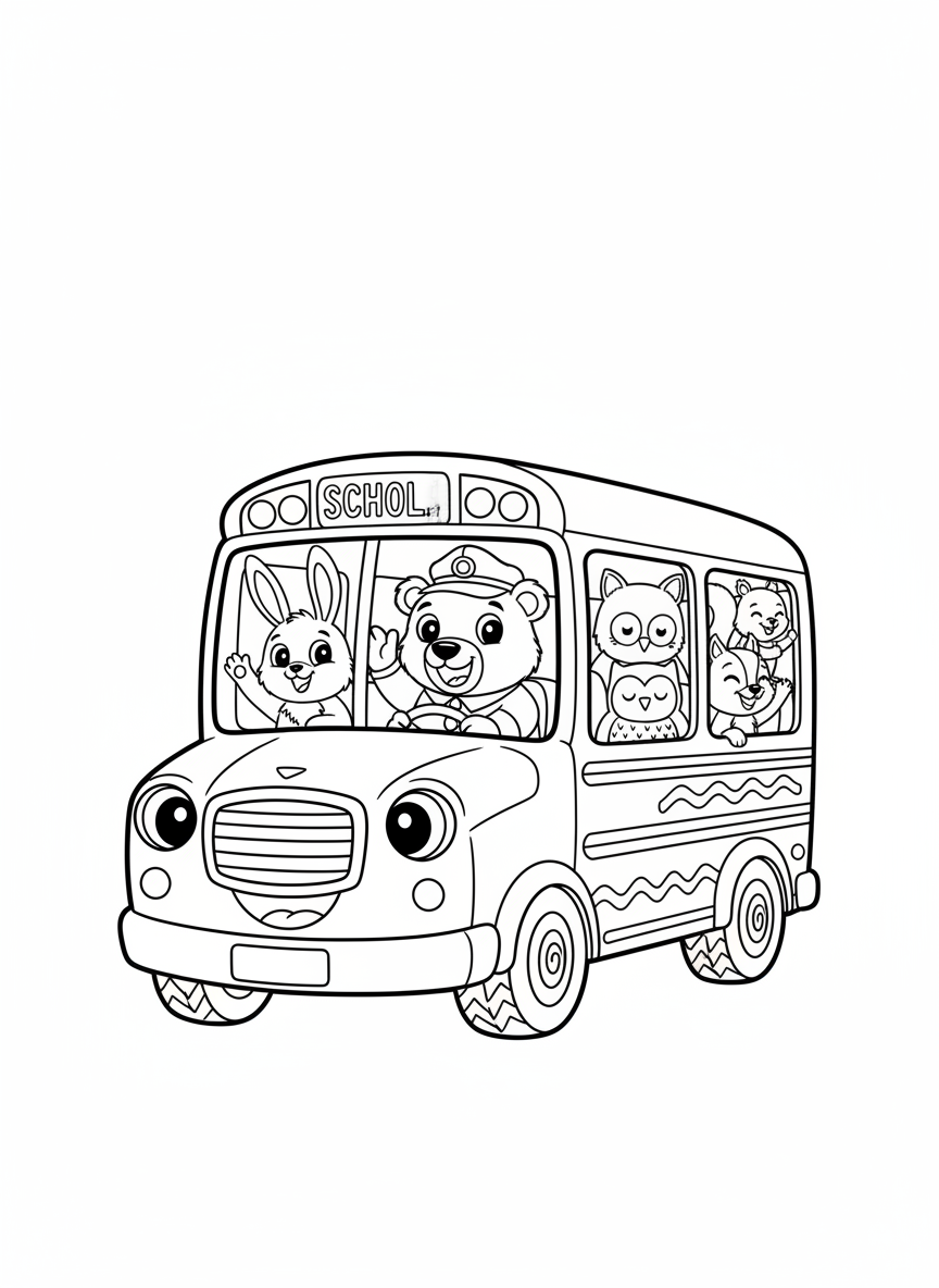 Friendly School Bus with Animal Passengers Coloring Page