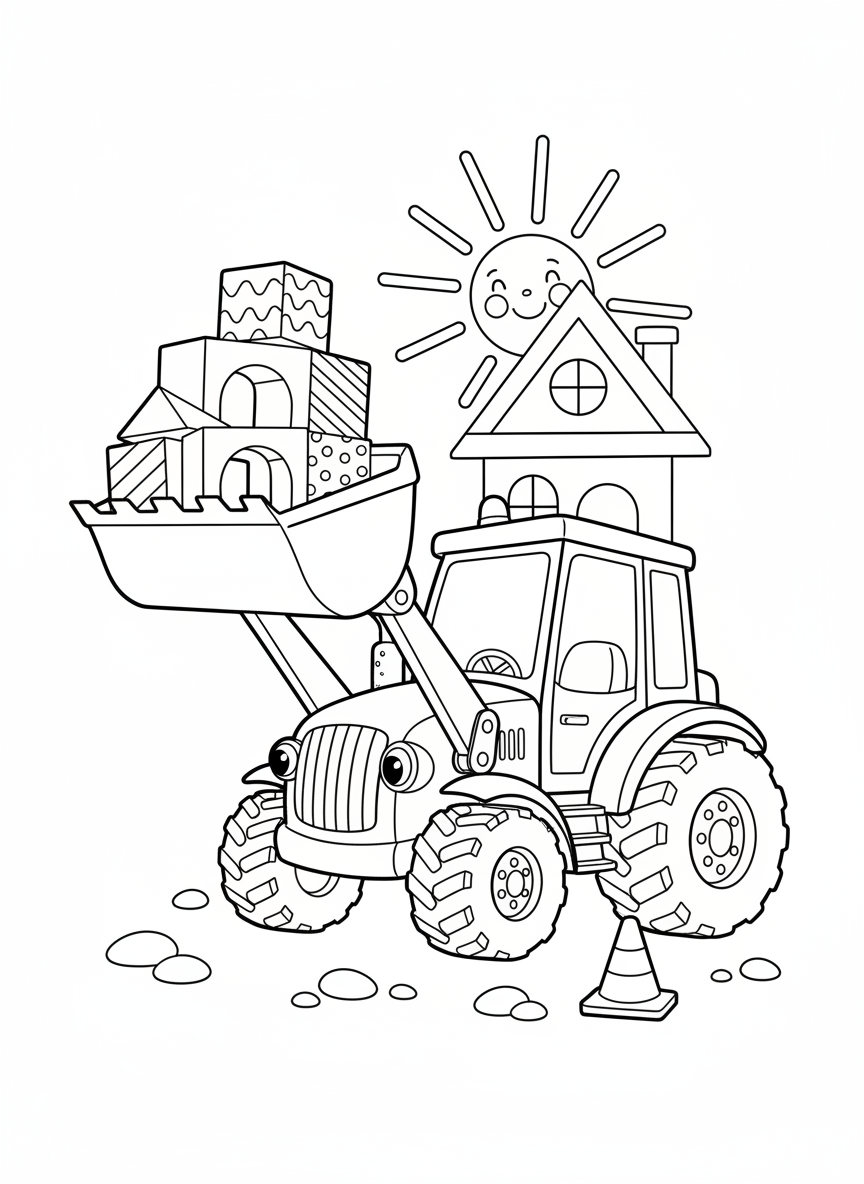 Friendly Tractor Construction Fun Coloring Page for Kids
