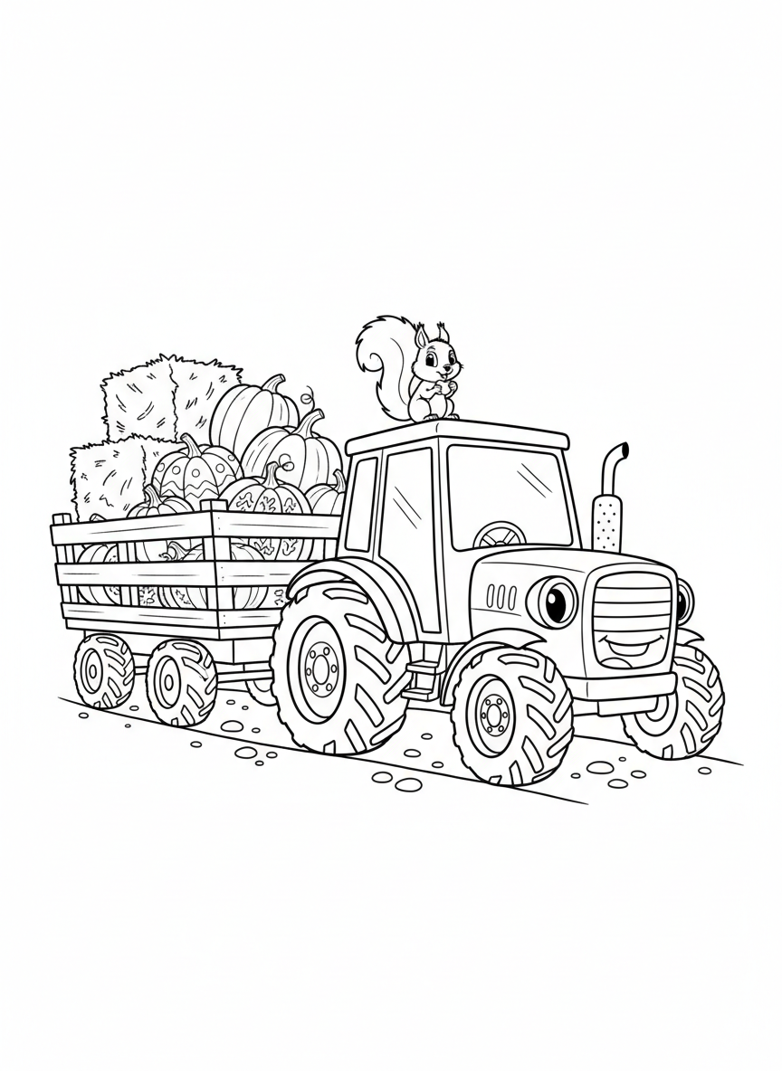Friendly Tractor & Pumpkin Harvest Coloring Page