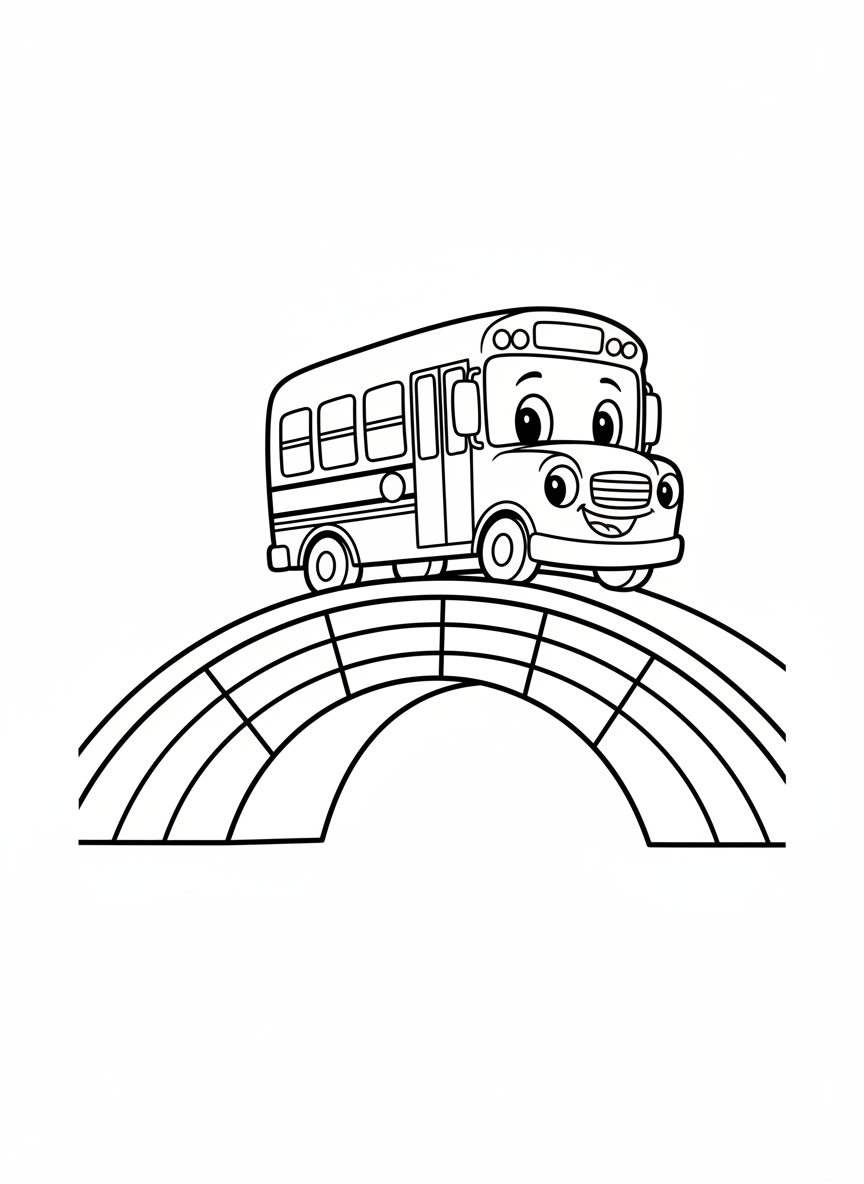 Happy Bus Over Rainbow Coloring Page for Kids