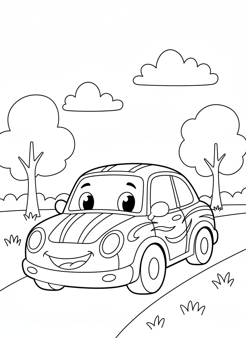 Happy Car Driving Through Park Coloring Page