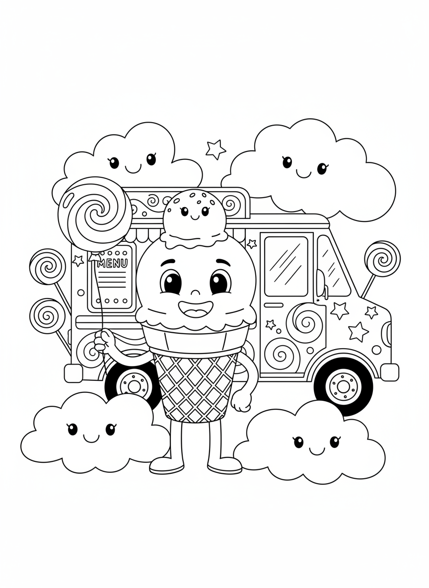Happy Ice Cream Truck Adventure Coloring Page for Kids